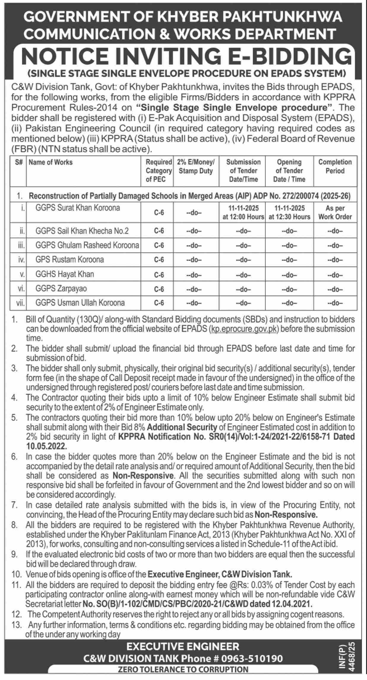 Communication & Works Department Tank Tender Notice